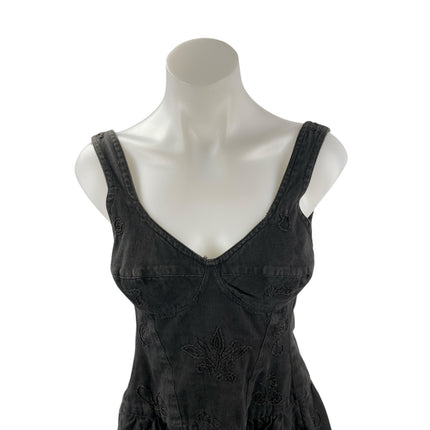 Warehouse Black Floral Embroidery Sleeveless Open Back Denim Fit & Flare Dress M