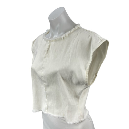 Aritzia Wilfred Women's White Drop Shoulder Fringe Cropped Blouse Top Size M