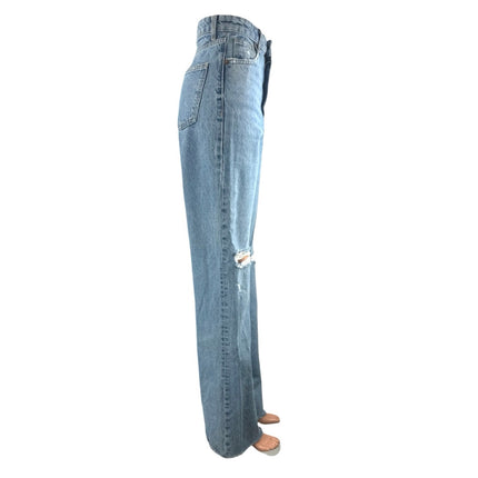 Zara Womens Blue Ripped Distressed Straight Palazzo Wide Leg Denim Jeans Pants 2