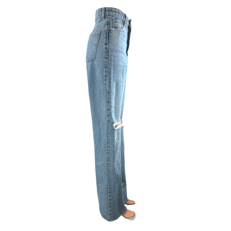 Zara Womens Blue Ripped Distressed Straight Palazzo Wide Leg Denim Jeans Pants 2