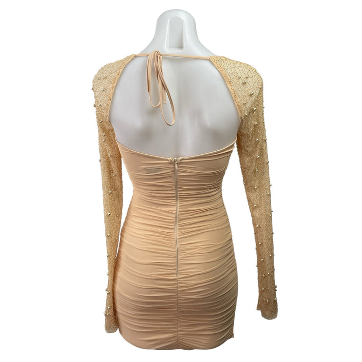 Oh Polly Orange Beaded Long Sleeve Open Back Ruched Mini Bodycon Dress Size S