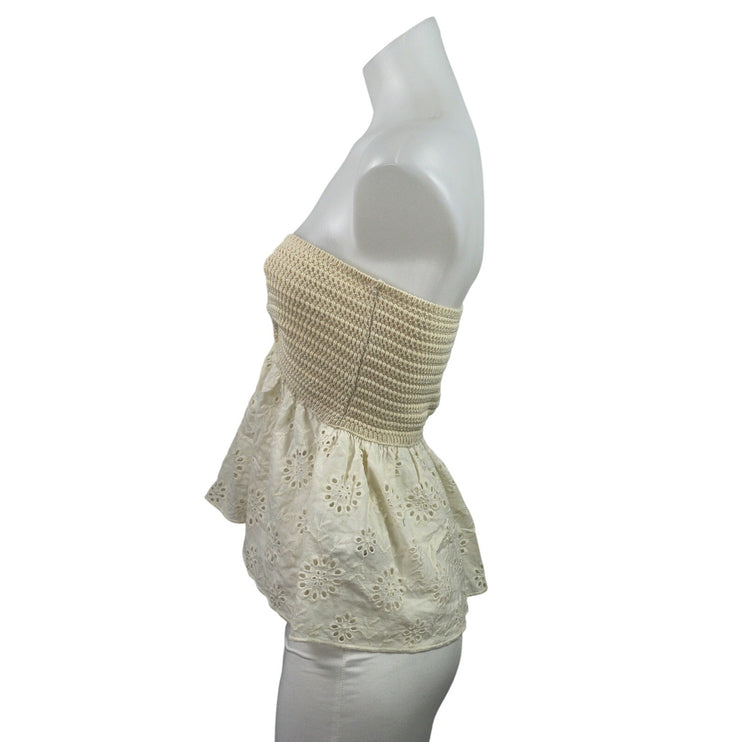 Zara Cream Crochet Knit Eyelet Embroidered Twist Front Strapless Tube Tank Top S