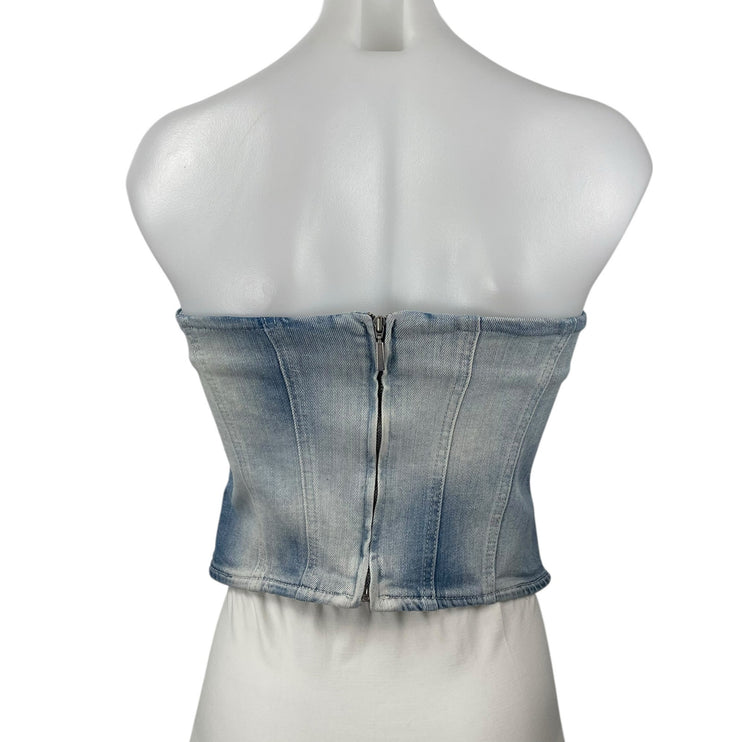 NEW Zara Blue Light Wash Strapless Tube Bandeau Zip Denim Jean Crop Top Size XS
