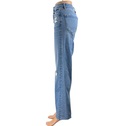 Mica Dehours Stretch Super High Rise Blue Distressed Wide Leg Denim Jeans Sz 24