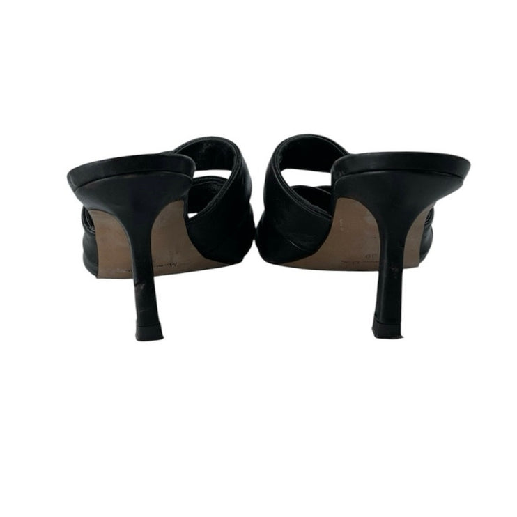 Massimo Dutti Black Ruched Leather Square Toe Flared Heels Mules Sandals Size 39