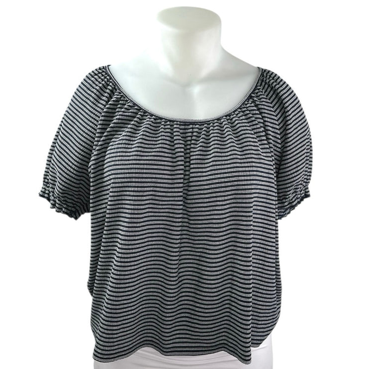 Madewell Texture & Thread Blue Striped Short Puff Sleeve Cropped Blouse Top XL