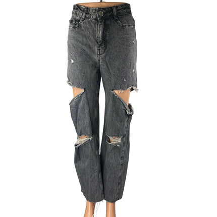 Zara Women's Black Washed Distressed High Waisted Straight Denim Jeans Size 2