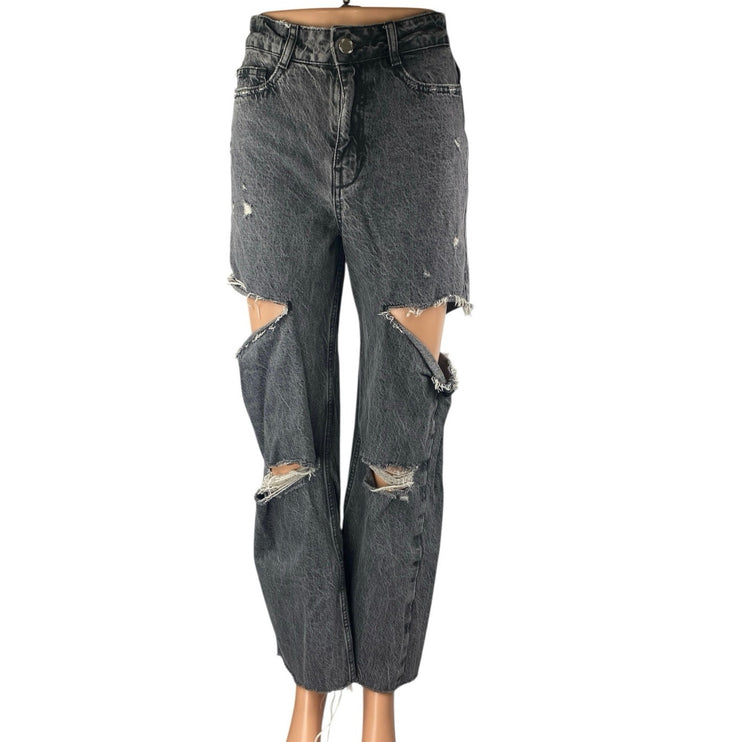 Zara Women's Black Washed Distressed High Waisted Straight Denim Jeans Size 2