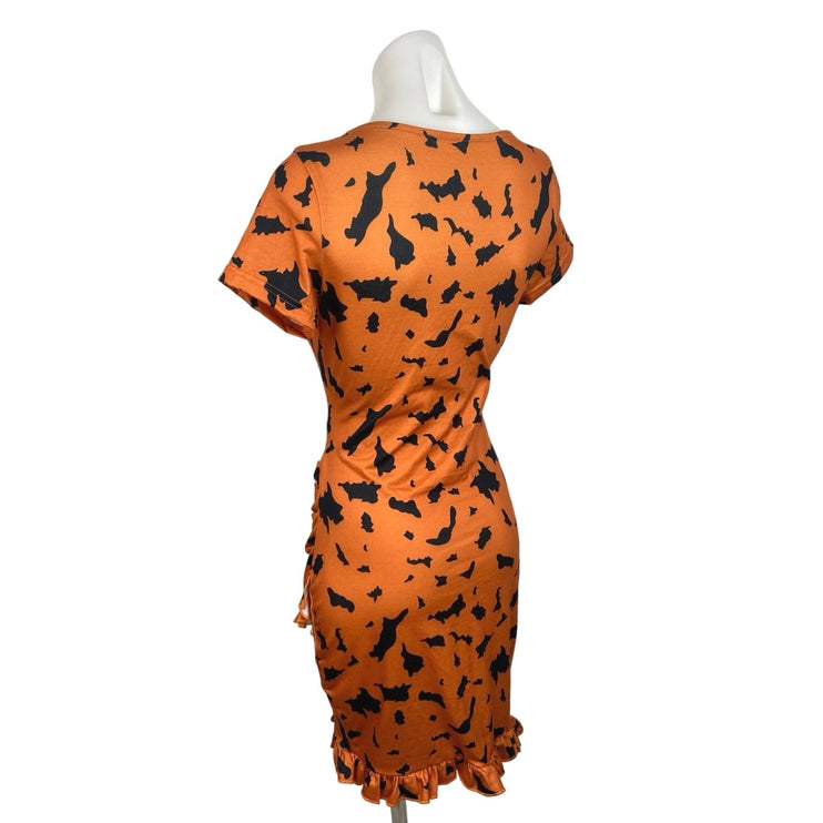 Womens Orange Satin Halloween Print Cut Out Ruched Ruffle Mini Bodycon Dress Sz M