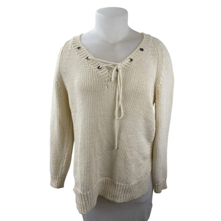 Anthropologie Moth Women's Cream Ribbed Knit Lace Up V Neck Sweater Top Size XL