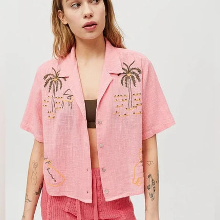 Urban Outfitters Sunshine Bowie Holiday Pink Embroidered Crop Shirt Top Size S