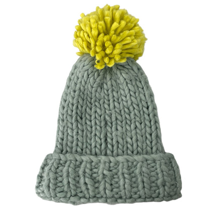 Anthropologie Gray Green Chunky Knit Pompom Winter Bonnet Beanie Hat One Size