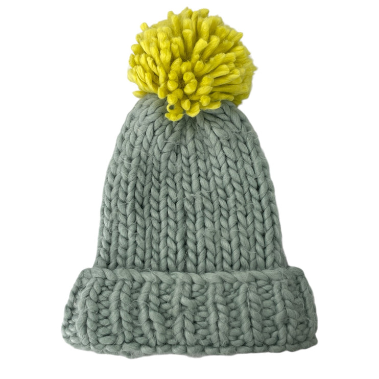 Anthropologie Gray Green Chunky Knit Pompom Winter Bonnet Beanie Hat One Size