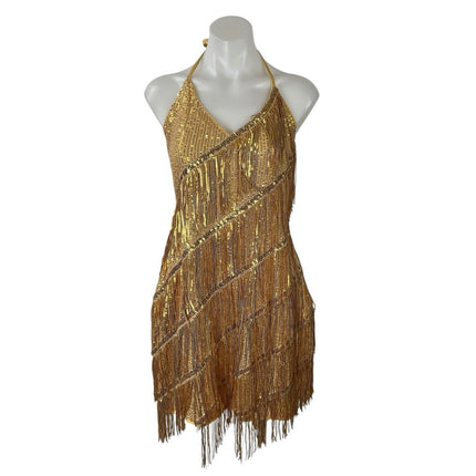 Gold Sleeveless Halter Fringe Sequin Cutout Gatsby Mini Bodycon Dress Size XL