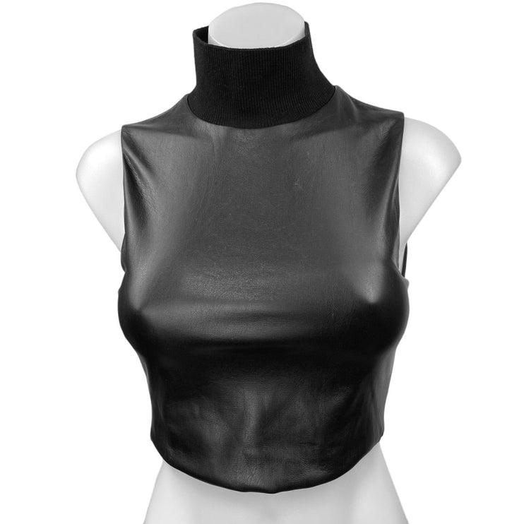 Alice + Olivia Black Faux Leather Vegan Turtleneck Sleeveless Crop Top Size S