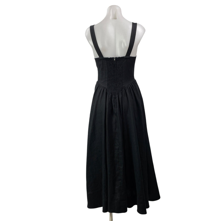 Reformation Balia 100% Linen Black Sleeveless Ruched Fit & Flare Midi Dress Sz 4