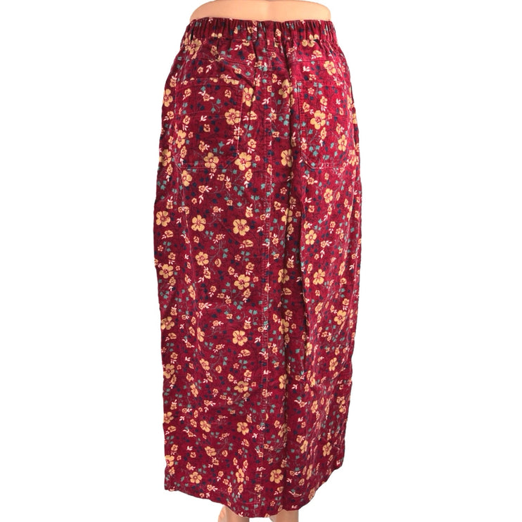 Vintage Bobbie Brooks Red Floral Corduroy High Waisted Button Maxi Skirt Size 6