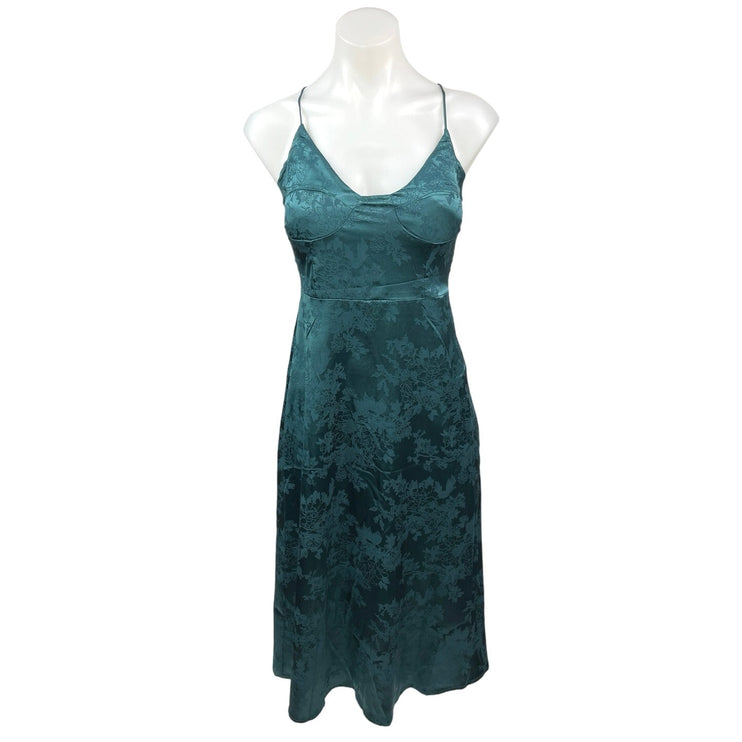 NEW Rihoas Green Silk Satin Slip Jacquard Crisscross Strappy A Line Midi Dress S