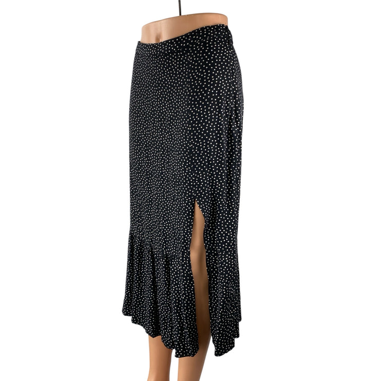Abercrombie & Fitch Black White Polka Dots Side Slit Ruffle Slip Midi Skirt Sz S