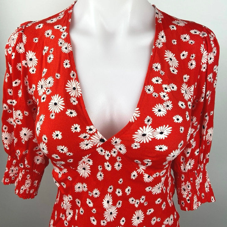 Rixo NWT Red Daisy Floral Plunging V-neck Puff Sleeve Swing Mini Dress Size 2