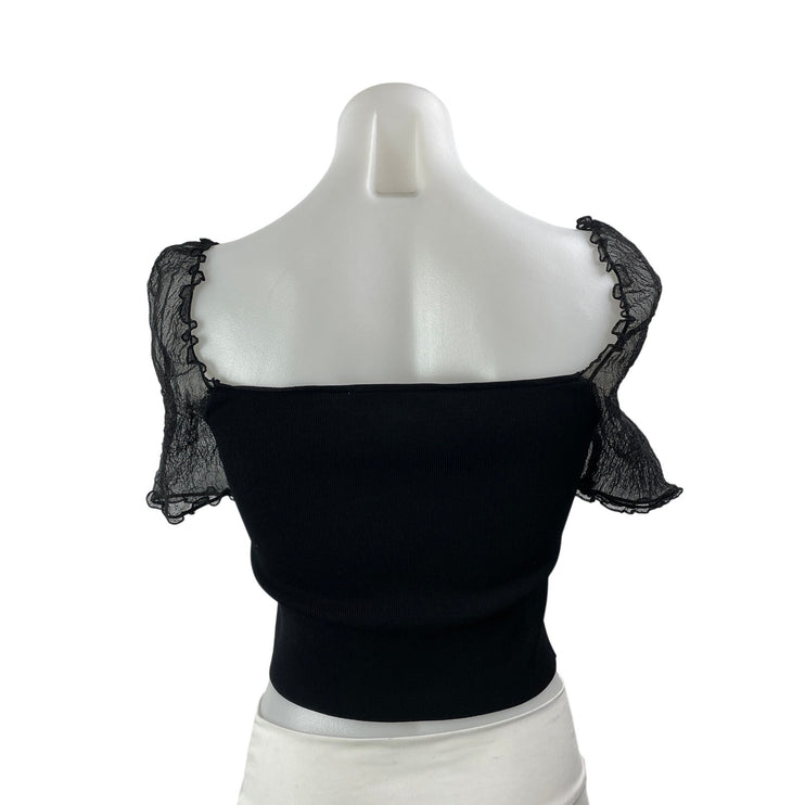 Zara Women's Black Short Sleeve Mesh Sheet Ribbed Knit Blouse Crop Top Size M