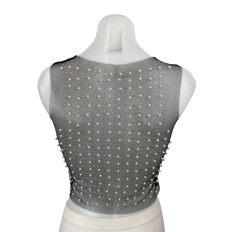 Women's Black Mesh Sheer Beaded Rhinestone Pearl Cami Tank Crop Top Size S
