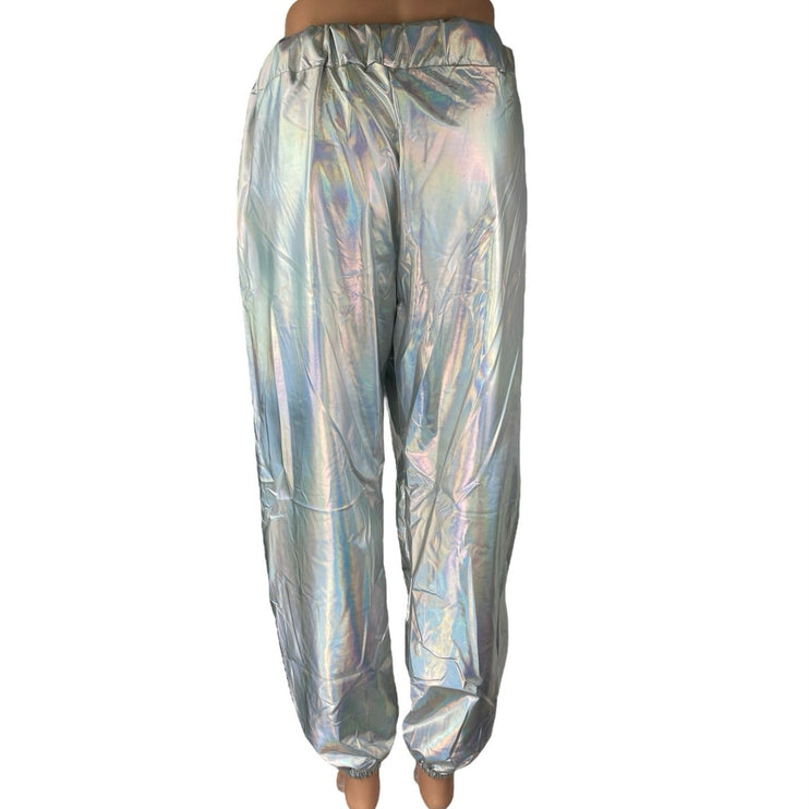 Women's Silver Metallic Irredescent Glossy Tapered High Waist Jogger Pants 2XL