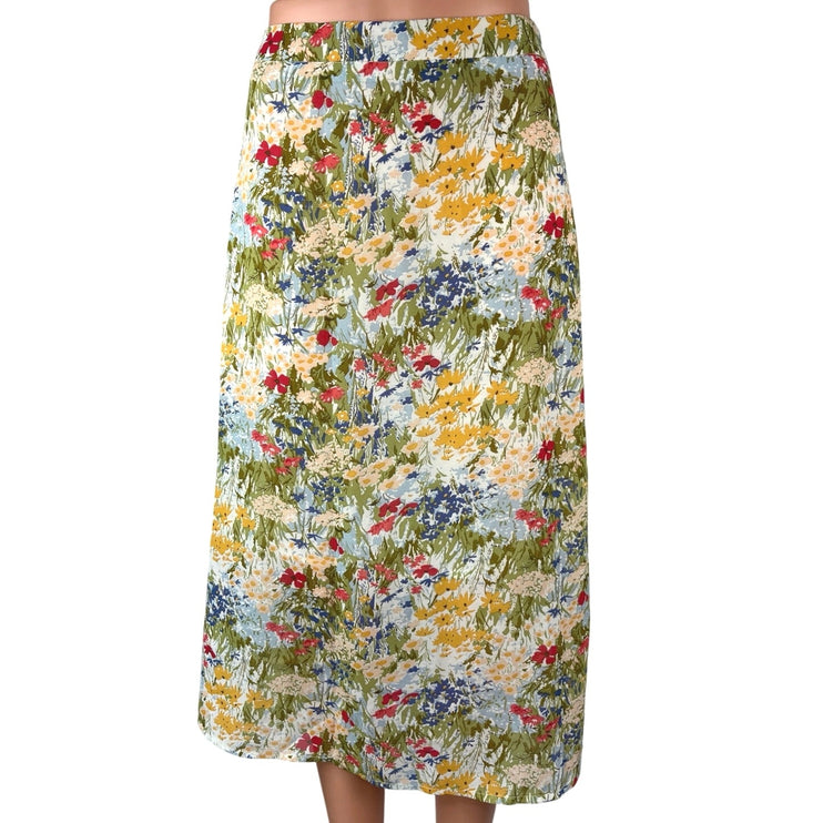 Commense Green Multicolor High Waisted Floral Peasant A Line Midi Skirt Size S