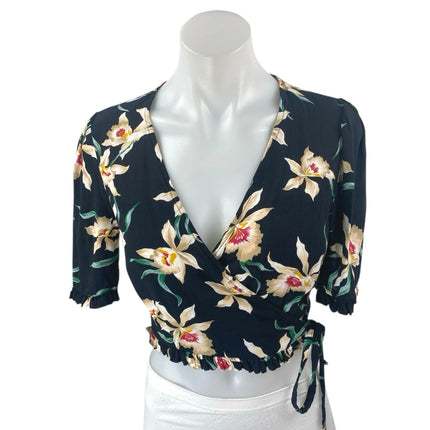 Zara Black Floral Short Sleeve V Neck Ruffle Wrap Tie Cropped Blouse Top Size S