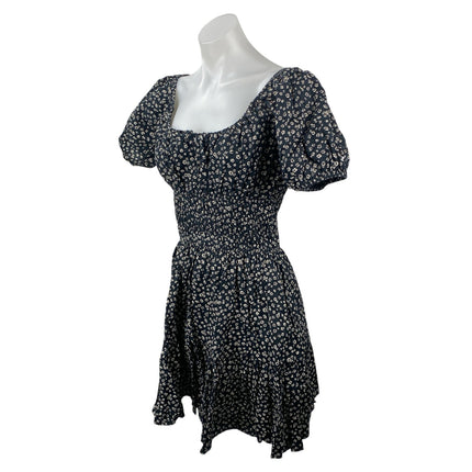 GAP Black Floral Smocked Puff Sleeve Tie Square Neck Mini Flare A-Line Dress M