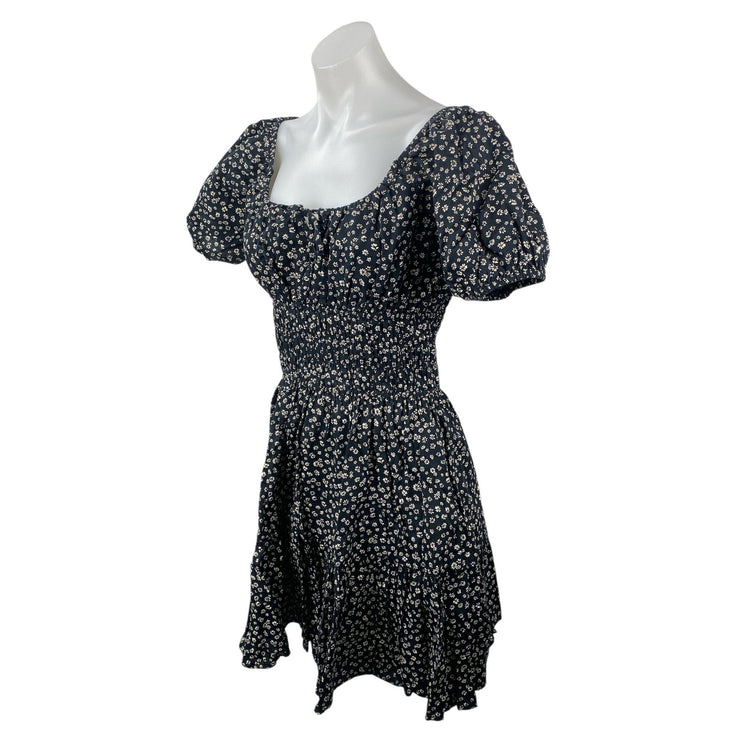 GAP Black Floral Smocked Puff Sleeve Tie Square Neck Mini Flare A-Line Dress M