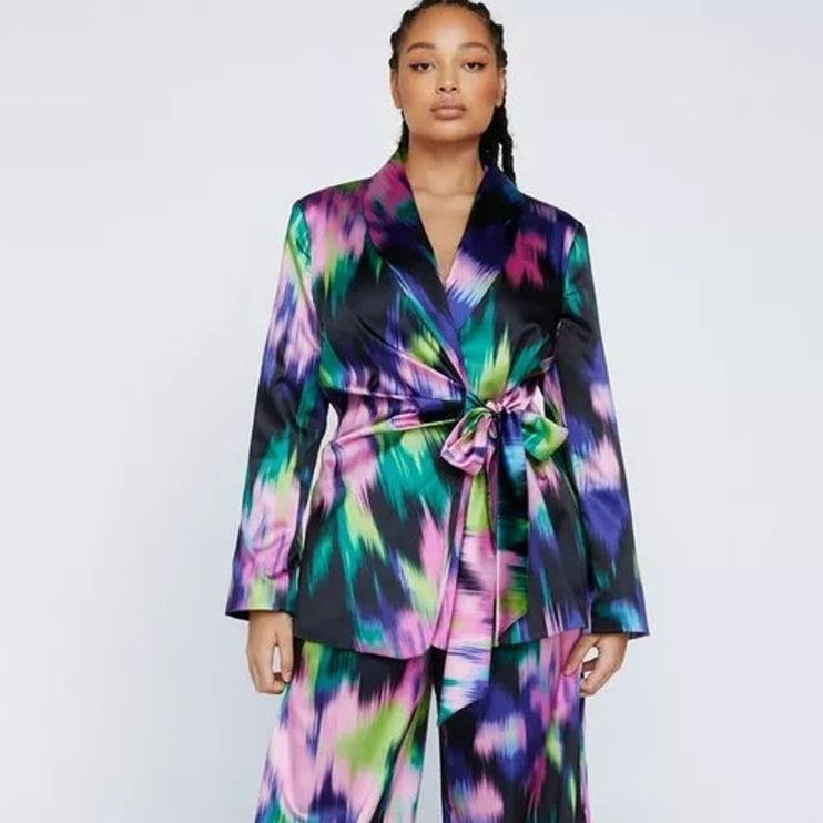 Nasty Gal Satin Printed Cinched Waist Multicolor Long Sleeve Blazer Jacket 20