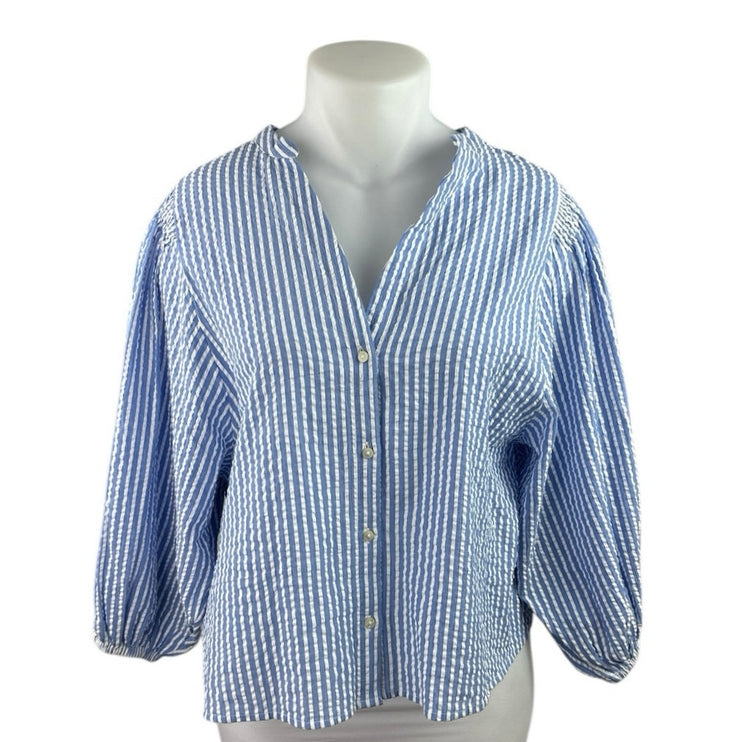 Lindex Blue White Striped Long Balloon Sleeve Button Up Shirt Blouse Top Size XL