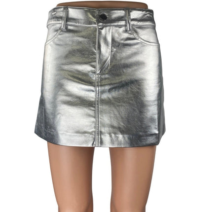 MNG Mango Women's Silver Metallic Faux Leather Zipper Casual Mini A-Line Skirt S