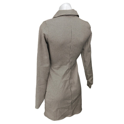 Zara Black Tan Houndstooth Ruched Long Sleeve Collar Button Mini Shirt Dress S