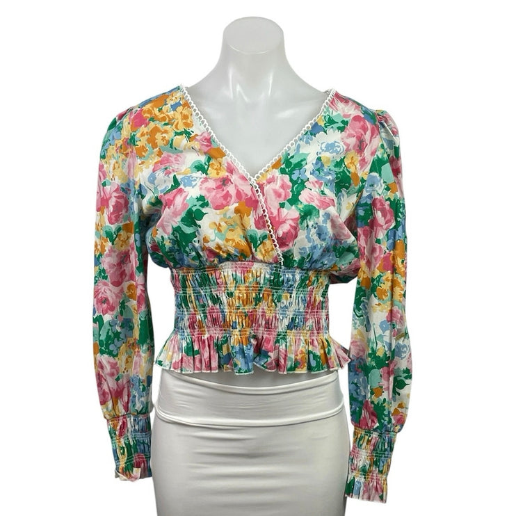 Wayf Multicolor Floral Garden Long Sleeve Lace Smocked Peplum Crop Top Size M