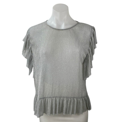 Zara Women's Gray Silver Metallic Sparkle Ruffle Flutter Sleeve Blouse Top Sz M