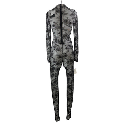 NEW NBD Black Floral Lace Mesh Sheer Mock Neck Long Sleeve Jumpsuit Size XS