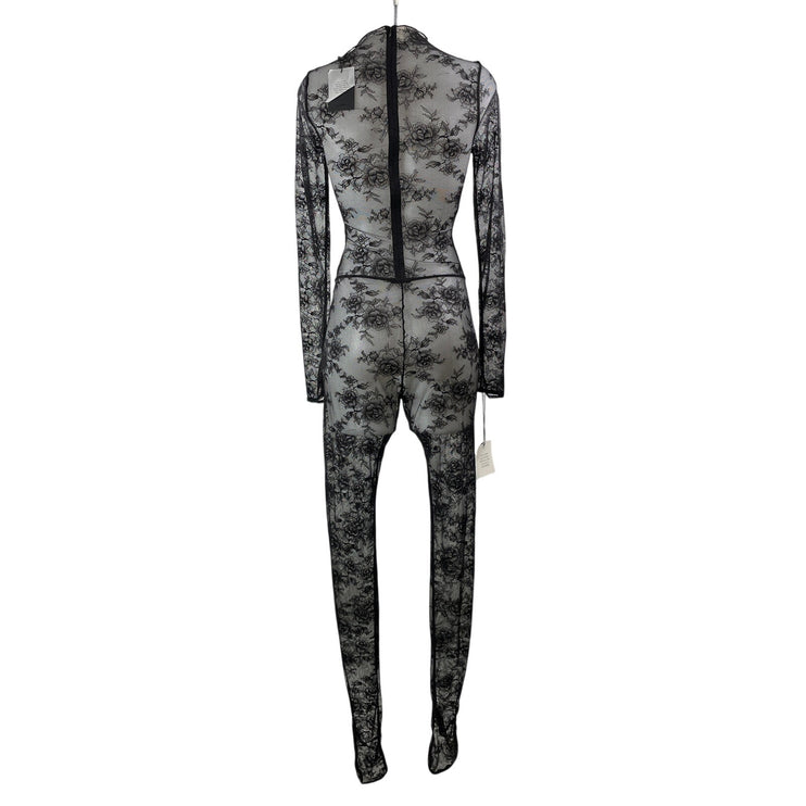 NEW NBD Black Floral Lace Mesh Sheer Mock Neck Long Sleeve Jumpsuit Size XS