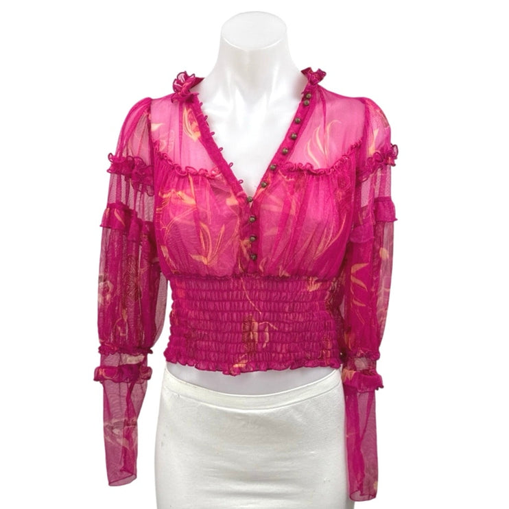 Free People Time To Shine Pink Floral Mesh Long Balloon Sleeve Crop Blouse XS