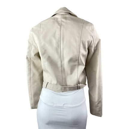 London Women's Cream Faux Leather Vegan Zip Motorcycle Biker Coat Jacket Size S