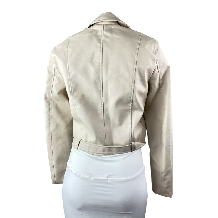 London Women's Cream Faux Leather Vegan Zip Motorcycle Biker Coat Jacket Size S