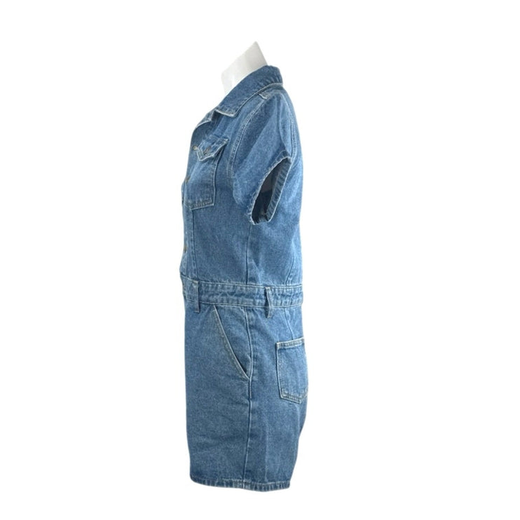 NEW Lioness Women Blue Short Sleeve Button Up Utility Denim Jean Romper Shorts M