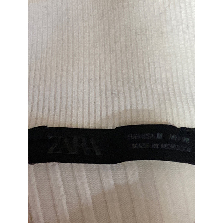 Zara Women's White Ribbed Knit Long Sleeve V Neck Polo Shirt Blouse Top Size M