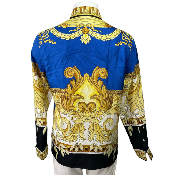 NEW Versace 100% Silk Blue Gold Renaissance Baroque Print Long Sleeve Shirt 48