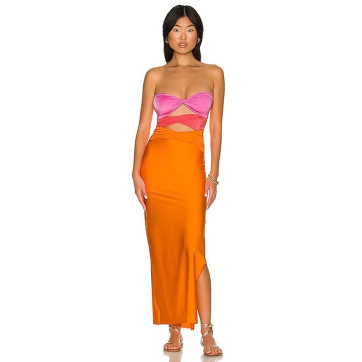 Colorblock Pink Orange Cutout Strapless Slit Bodycon Sexy Tube Maxi Dress Size S