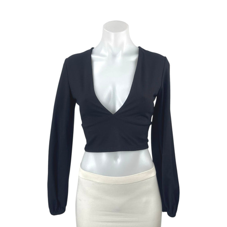 Susana Monaco Womens Black Long Sleeve Deep V Neck Fitted Blouse Crop Top Size S