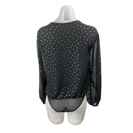 All in Favor Black Metallic Dot Sheer Mesh Long Sleeve Wrap Bodysuit Top Size S
