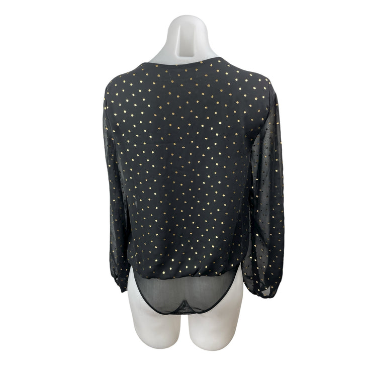 All in Favor Black Metallic Dot Sheer Mesh Long Sleeve Wrap Bodysuit Top Size S