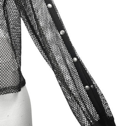 Love J Women's Black Fish Net Snap Button Long Sleeve Sheer Hoodie Cover Up Sz L